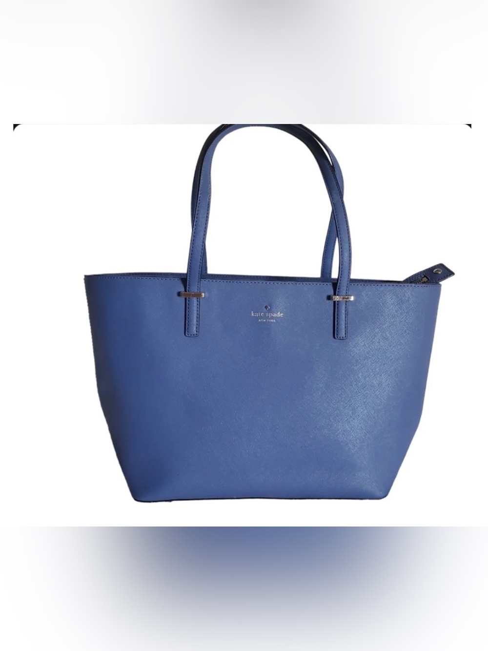 kate spade blue leather tote with gold accents